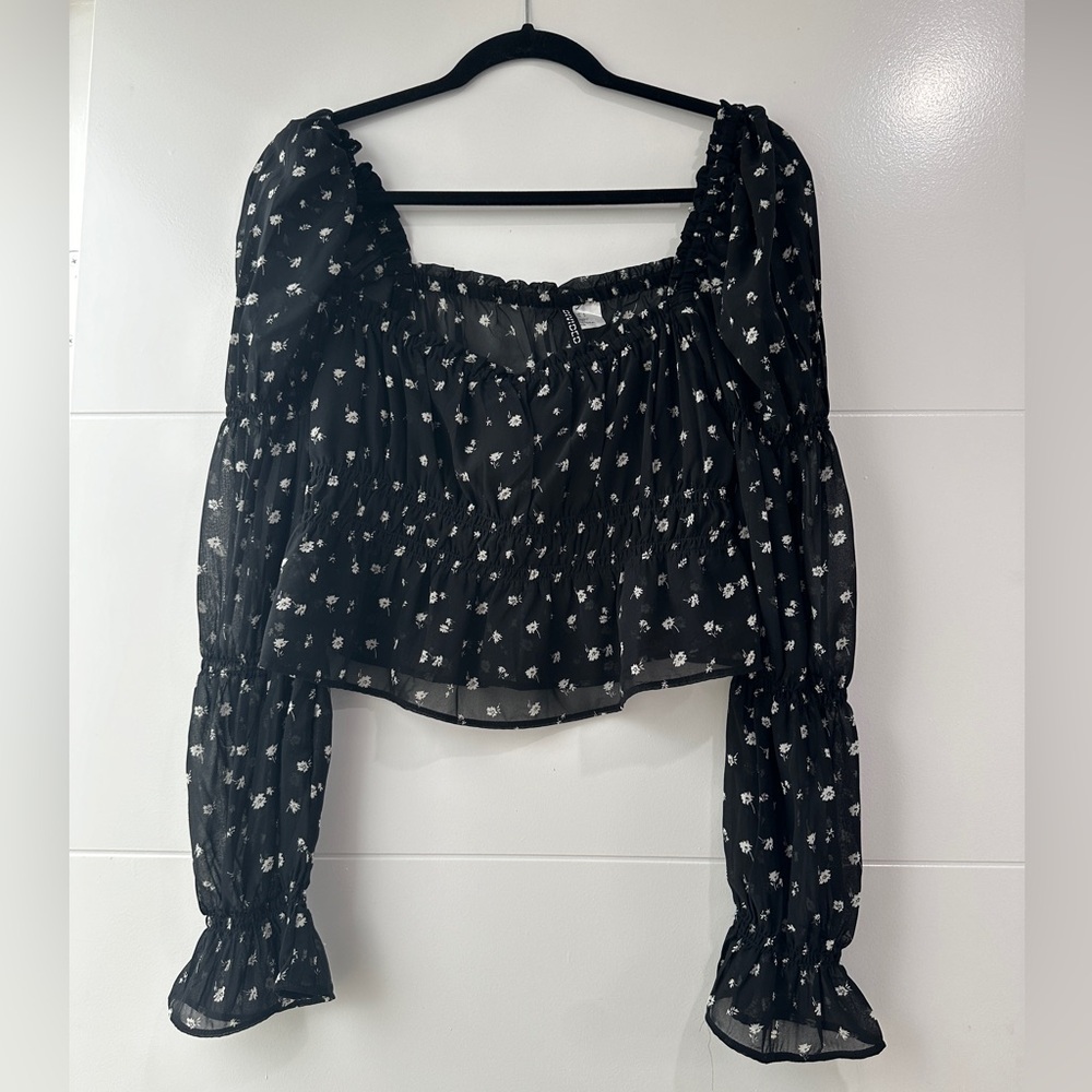 H&M Divided Black Floral Ruffle Long Sleeve Crop Top Festival Outfit |Size S - Picture 8 of 12